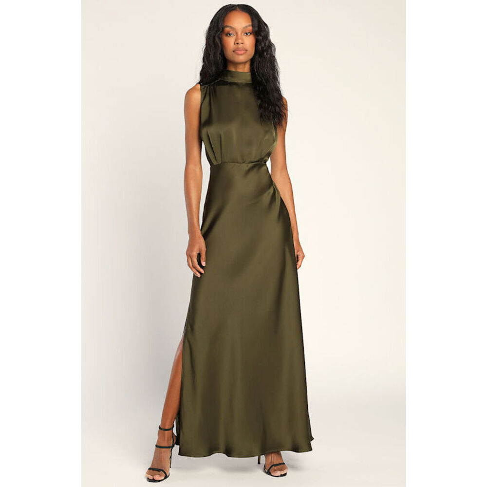NWT Lulus Classic Elegance Olive Satin Sleeveless Mock Neck Maxi Dress